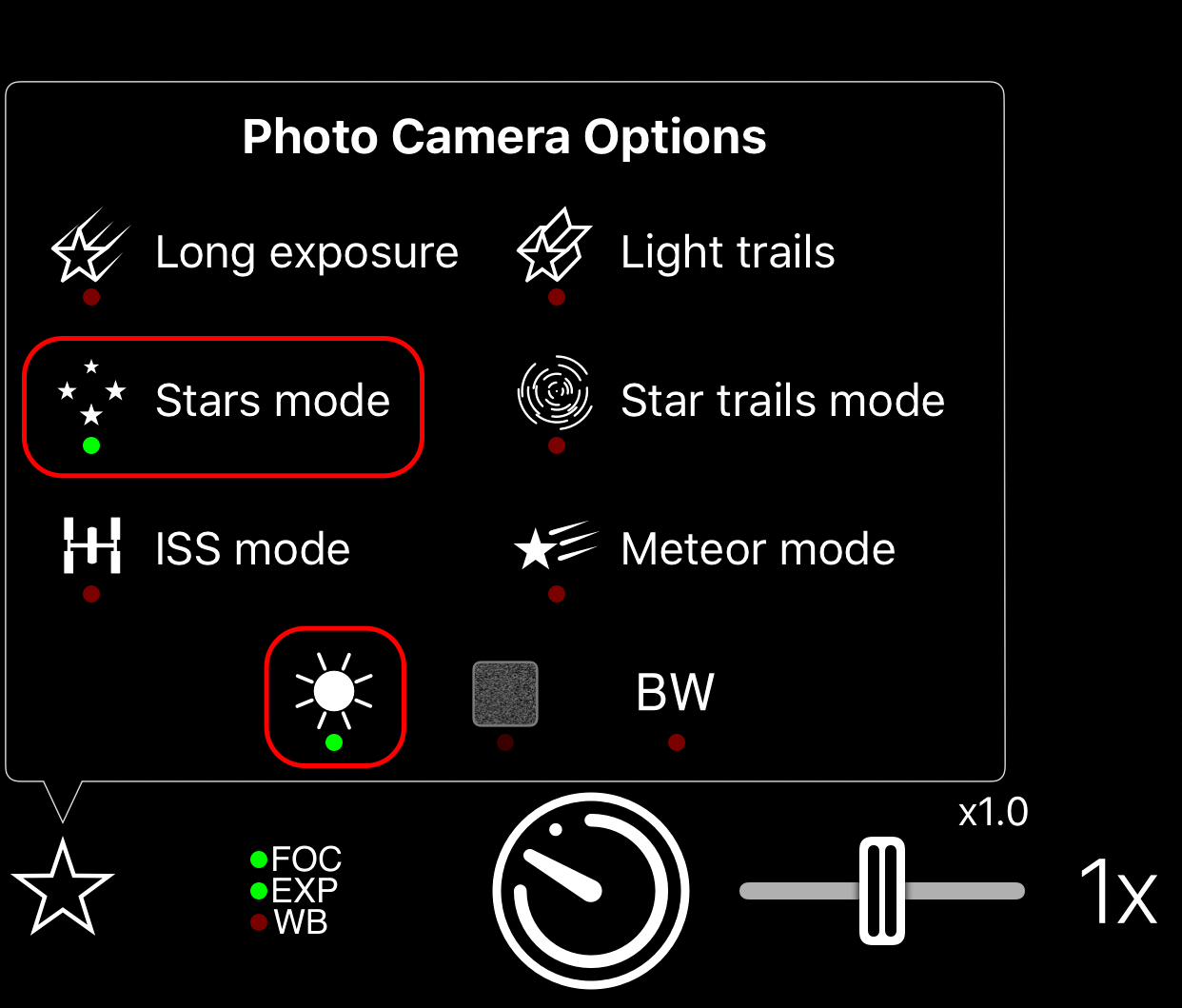 The camera options showing Stars Mode and Light Boost enabled